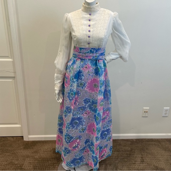 VINTAGE White Purple Blue & Pink Floral Print 60s 70s Belted Maxi Dress